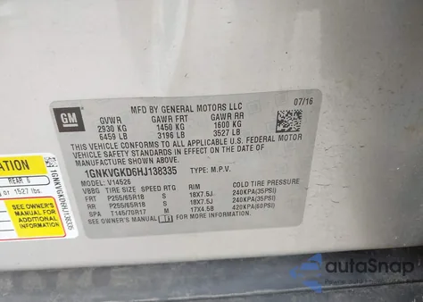 2017 Chevrolet Traverse 1Lt z USA, uszkodzony, nr VIN 1GNKVGKD6HJ138335